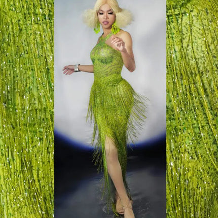 Sparkly Lime Green Rhinestone & Tassel Fringe Bodycon Dress Stage Performance Costume