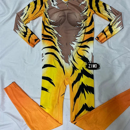 Tiger Print Rhinestone Catsuit Long Sleeve Fierce Animal Stage Performance Jumpsuit