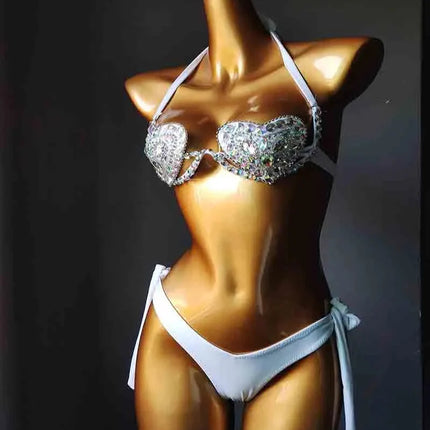 The Venus Vacation Deep-V Bikini – Luxe Rhinestone Embellished Showgirl Swim Set
