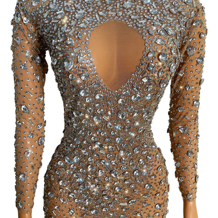 Sparkling Full Crystal Illusion Jumpsuit Long Sleeve Rhinestone Catsuit Stage Wear