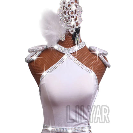 The Stardust Swan Queen – White Feathered Embroidered Latin Dance Competition Dress Set