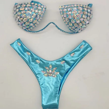 Luxury Rhinestone Performance Bikini Set – Shimmering Crystal Push-Up Stage Costume & Bling Two-Piece for GoGo Dancers, Festivals & Raves
