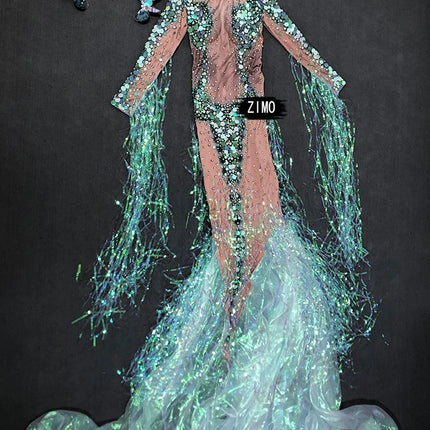 Emerald Green Rhinestone Sequin Mermaid Gown & Crown Stage Performance Costume Set