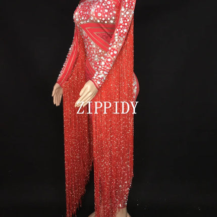 Silver Red Rhinestone Fringe Jumpsuit Stage Performance Outfit Dancer Catsuit