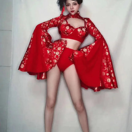 Crimson Red Sculpted Bralette, Dramatic Puff Sleeve Shrug & Briefs 3-Piece Stage Costume Set