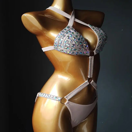 The Siren Strappy Rhinestone Bikini – Crystal Diamond Cutout Showgirl Set