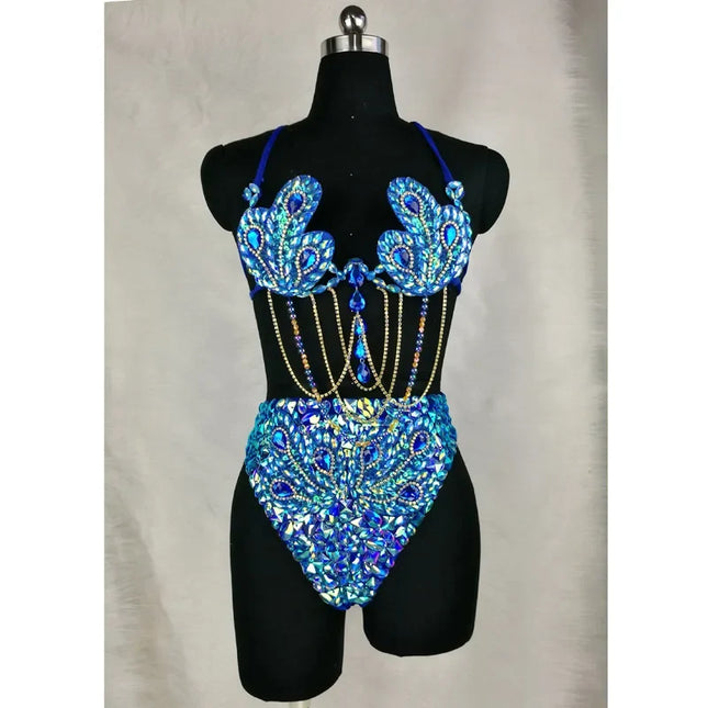 Sparkly Samba Carnival Stone Wire Bra & High-Waisted Bottom Two-Piece Costume Set