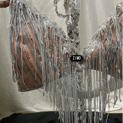 Silver Sequin Tassel Halter Bra & Shorts Stage Performance Set