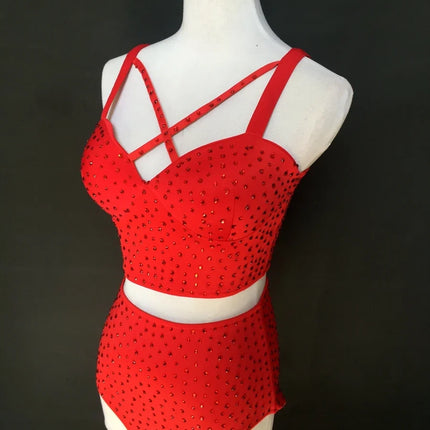 Sparkly Rhinestone Crop Top & High-Waisted Shorts Two-Piece Dance Costume Set