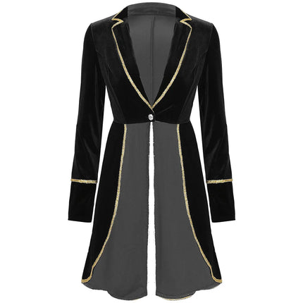 Velvet Circus Ringmaster Gold-Trimmed Swallow-Tail Blazer Coat