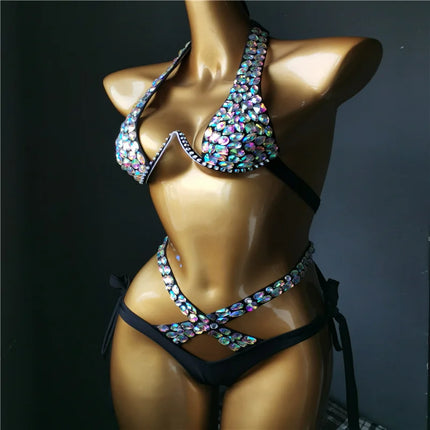 The Venus Vacation High-Waist Bikini – Classic Diamond Rhinestone Showgirl Set