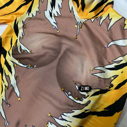 Tiger Print Rhinestone Catsuit Long Sleeve Fierce Animal Stage Performance Jumpsuit