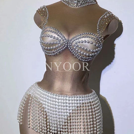 Sparkly Pearl Rhinestone Fringe Bodysuit Sleeveless Nude Stage Dance Leotard