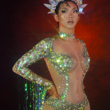 Emerald Green Rhinestone Sequin Mermaid Gown & Crown Stage Performance Costume Set
