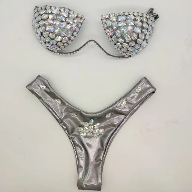 Luxury Rhinestone Performance Bikini Set – Shimmering Crystal Push-Up Stage Costume & Bling Two-Piece for GoGo Dancers, Festivals & Raves