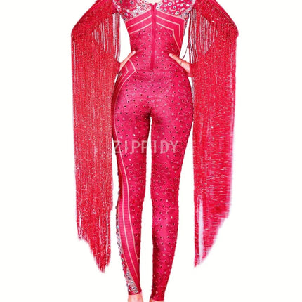 Silver Red Rhinestone Fringe Jumpsuit Stage Performance Outfit Dancer Catsuit
