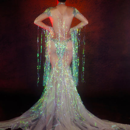 Emerald Green Rhinestone Sequin Mermaid Gown & Crown Stage Performance Costume Set