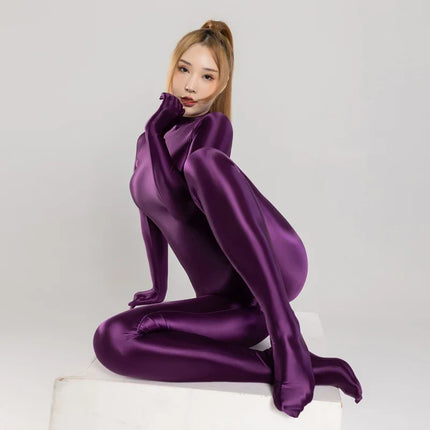 Silky Oil Glossy Long Sleeve Thong Bodysuit Full-Length Shaping Jumpsuit