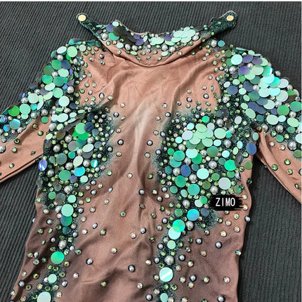Emerald Green Rhinestone Sequin Mermaid Gown & Crown Stage Performance Costume Set