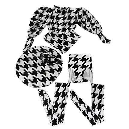 Houndstooth Geometric Print Bodysuit, Over-Knee Boots & Statement Hat 3-Piece Stage Costume Set