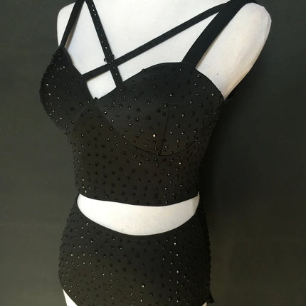 Sparkly Rhinestone Crop Top & High-Waisted Shorts Two-Piece Dance Costume Set