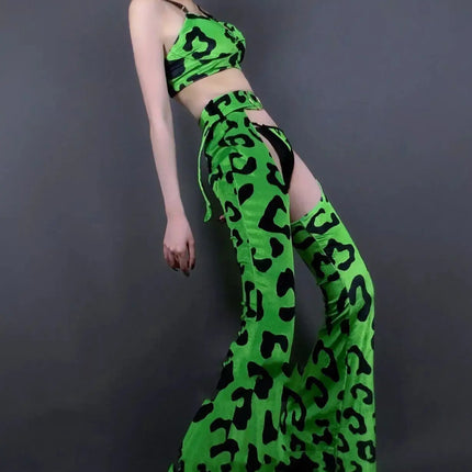 Neon Green Leopard Bikini Top, Wide-Leg Chaps Pants & Hat 4-Piece Stage Dance Costume Set