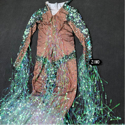 Emerald Green Rhinestone Sequin Mermaid Gown & Crown Stage Performance Costume Set