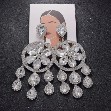 Sparkly 5.1" Glass Crystal Tassel Drop Earrings Drag Queen Stage Jewelry
