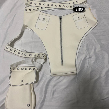 White Cyber Military Commander Bodysuit & Harness Set Men's & Women's Stage Dance Costume