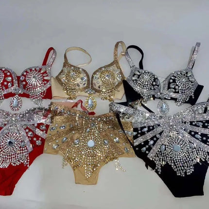 Sparkly Rhinestone Beading Tassel Bikini Sexy Nightclub Stage Wear Fringe Bra High Waist Short DJ Rave Outfit Nightclub Costume