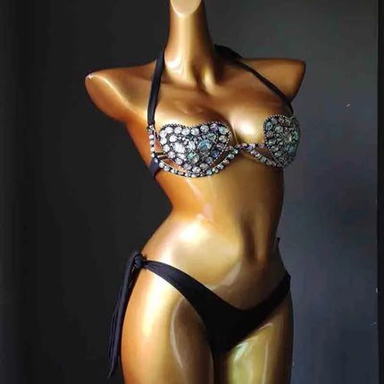 The Venus Vacation Deep-V Bikini – Luxe Rhinestone Embellished Showgirl Swim Set