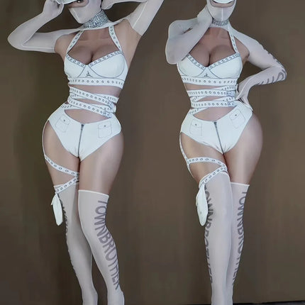 White Cyber Military Commander Bodysuit & Harness Set Men's & Women's Stage Dance Costume