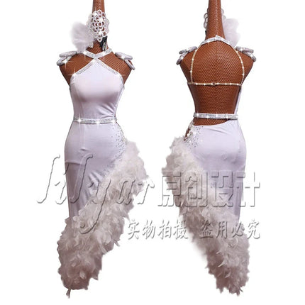 The Stardust Swan Queen – White Feathered Embroidered Latin Dance Competition Dress Set