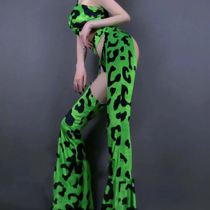 Neon Green Leopard Bikini Top, Wide-Leg Chaps Pants & Hat 4-Piece Stage Dance Costume Set