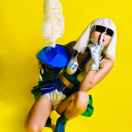 Holographic Silver Laser Bikini, Ruffle Skirt & Captain Hat 3-Piece Stage Costume Set