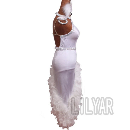 The Stardust Swan Queen – White Feathered Embroidered Latin Dance Competition Dress Set