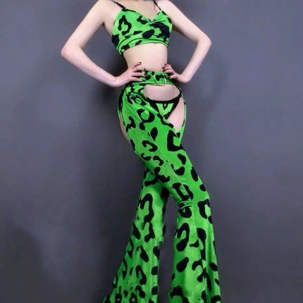 Neon Green Leopard Bikini Top, Wide-Leg Chaps Pants & Hat 4-Piece Stage Dance Costume Set