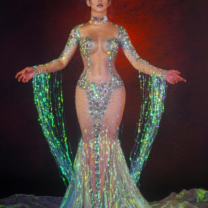 Emerald Green Rhinestone Sequin Mermaid Gown & Crown Stage Performance Costume Set