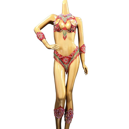 Handmade Beaded Samba Carnival Bra, Thong & Jewelry 5-Piece Stage Costume Set