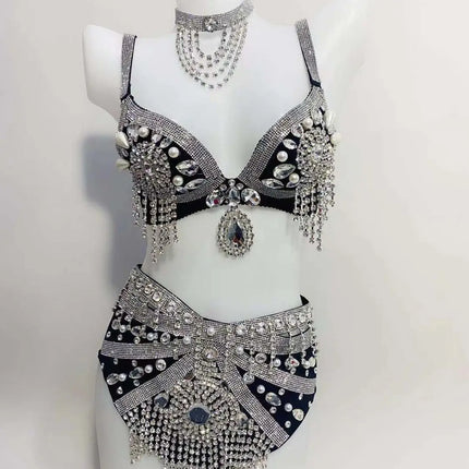 Sparkly Rhinestone Beading Tassel Bikini Sexy Nightclub Stage Wear Fringe Bra High Waist Short DJ Rave Outfit Nightclub Costume