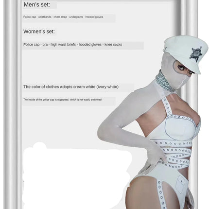 White Cyber Military Commander Bodysuit & Harness Set Men's & Women's Stage Dance Costume