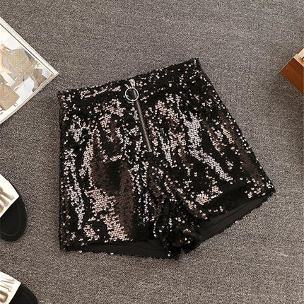 Sparkly Sequin High-Waisted O-Ring Zip Bodycon Shorts Stage Costume