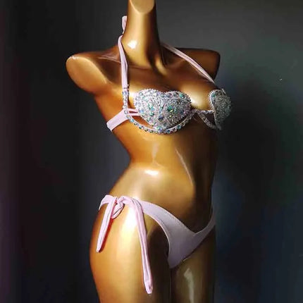 The Venus Vacation Deep-V Bikini – Luxe Rhinestone Embellished Showgirl Swim Set