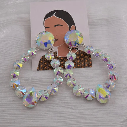 Sparkly Glass Crystal Oval Statement Drop Earrings Drag Queen Stage Jewelry