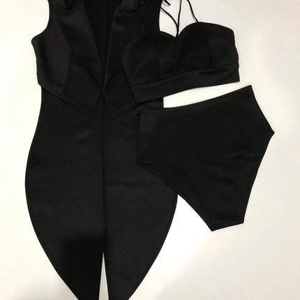 Female Jazz Dance Team Costume Black Yellow Bikini Tailcoat 3 Pieces Set Women Singer Nightclub Sexy Stage Wear Cosplay Outfits