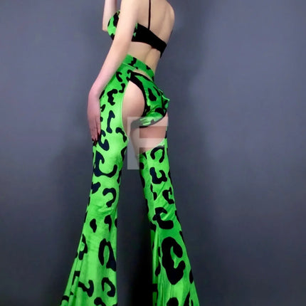 Neon Green Leopard Bikini Top, Wide-Leg Chaps Pants & Hat 4-Piece Stage Dance Costume Set