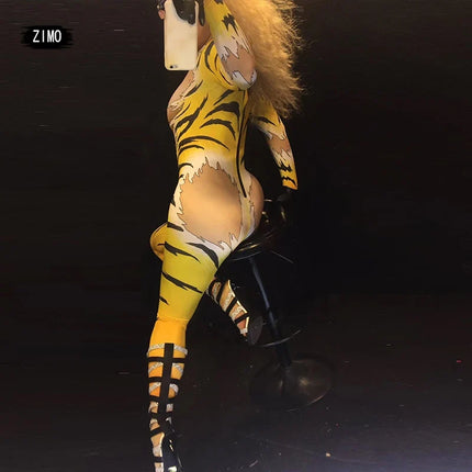 Tiger Print Rhinestone Catsuit Long Sleeve Fierce Animal Stage Performance Jumpsuit