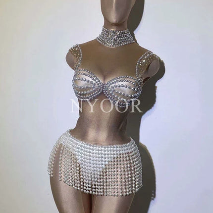 Sparkly Pearl Rhinestone Fringe Bodysuit Sleeveless Nude Stage Dance Leotard