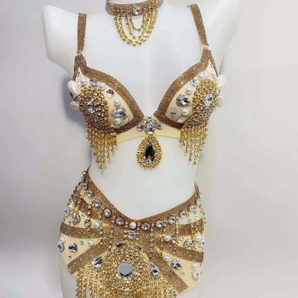 Sparkly Rhinestone Beading Tassel Bikini Sexy Nightclub Stage Wear Fringe Bra High Waist Short DJ Rave Outfit Nightclub Costume