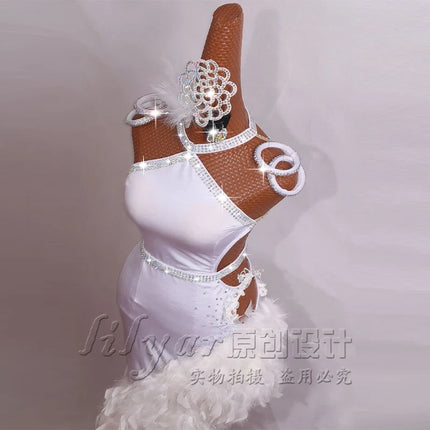 The Stardust Swan Queen – White Feathered Embroidered Latin Dance Competition Dress Set